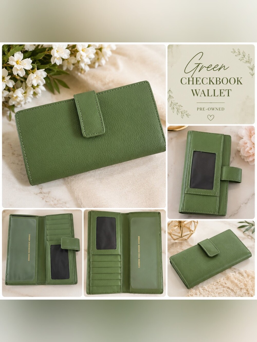 💚Green Checkbook Wallet • Pre-Owned • Multiple Card Slots • ID Window •